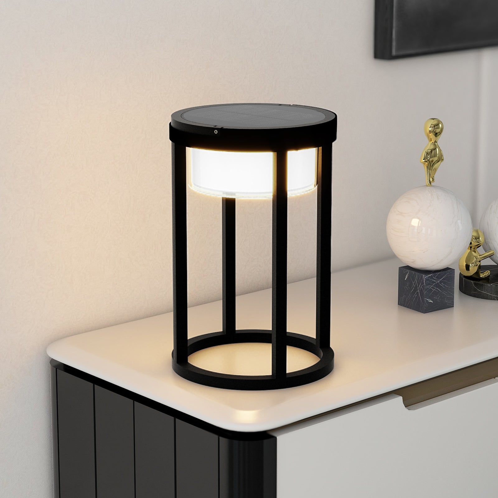 LED solcellebordlampe Tilena rund dimbar svart IP54 produktbilde
