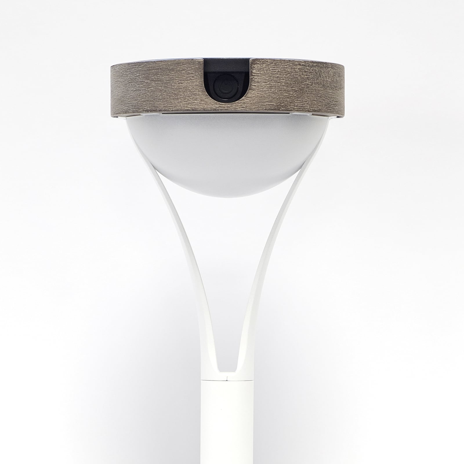 LED solcellebordlampe Tyble hvit/teak Ø12,5 cm IP66 med dimmer