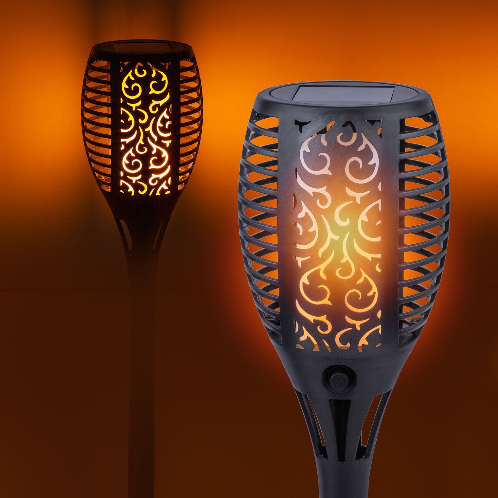 LED solcellefakkel med jordspyd svart plast IP44 58 cm lysdetalj