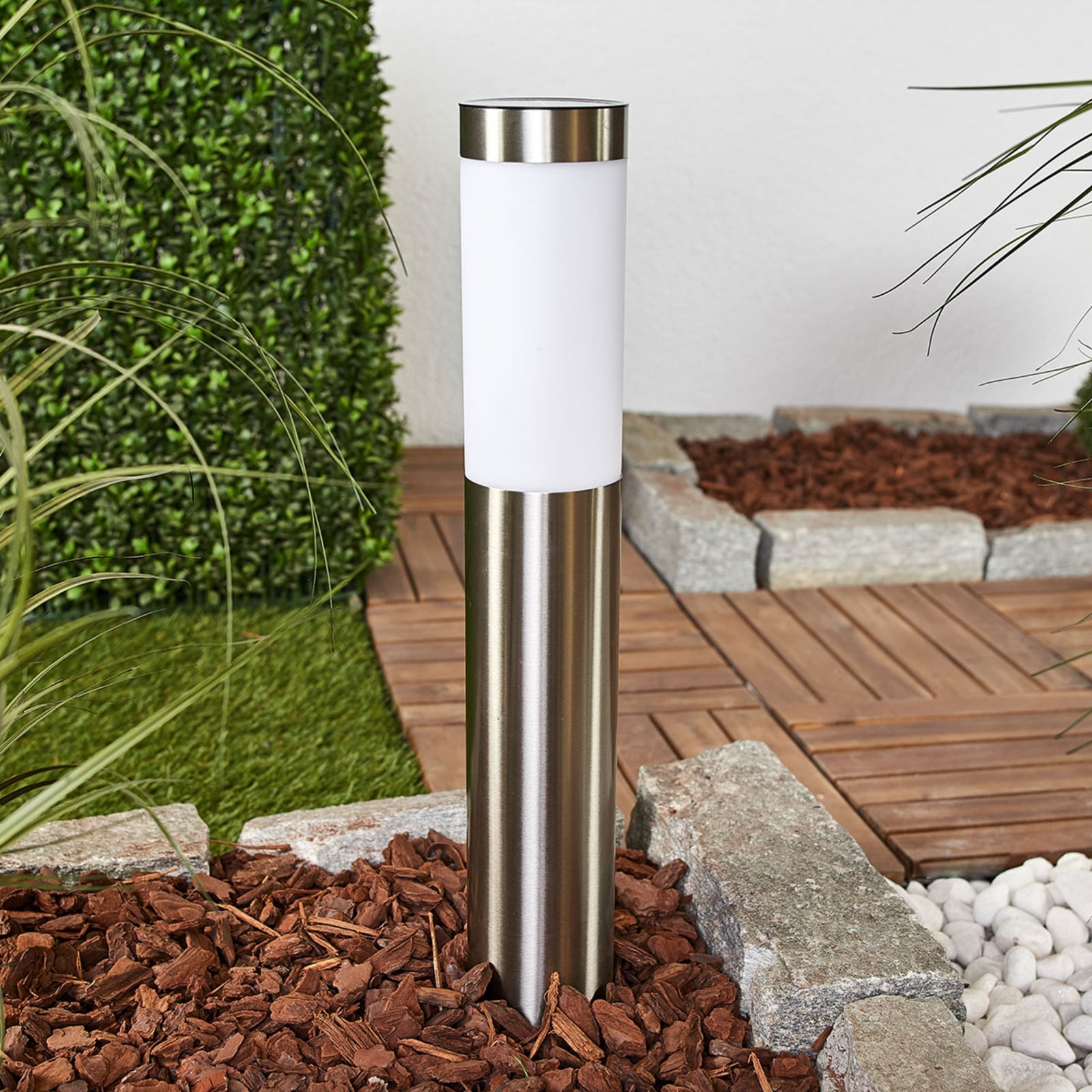 LED solcellelampe Aleeza rustfritt stål 61 cm bakside
