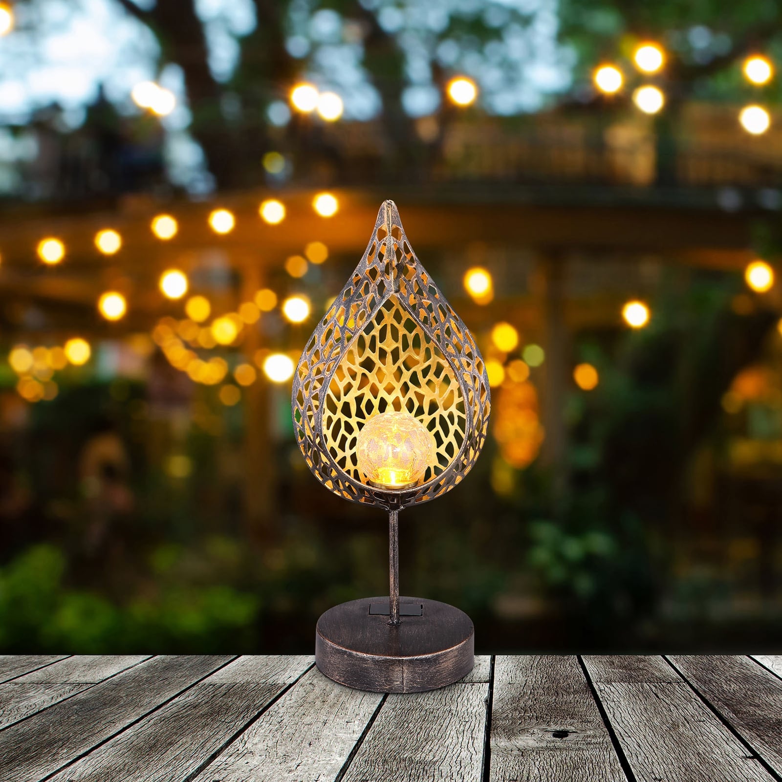 LED solcellelampe bladform metall og glass gull H35,5 cm bakside