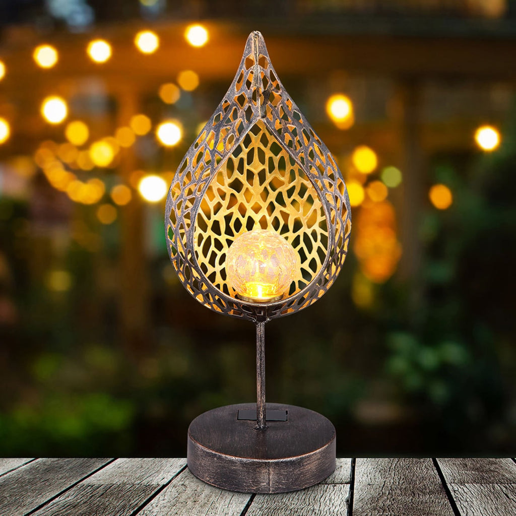 LED solcellelampe bladform metall og glass gull H35,5 cm forfra