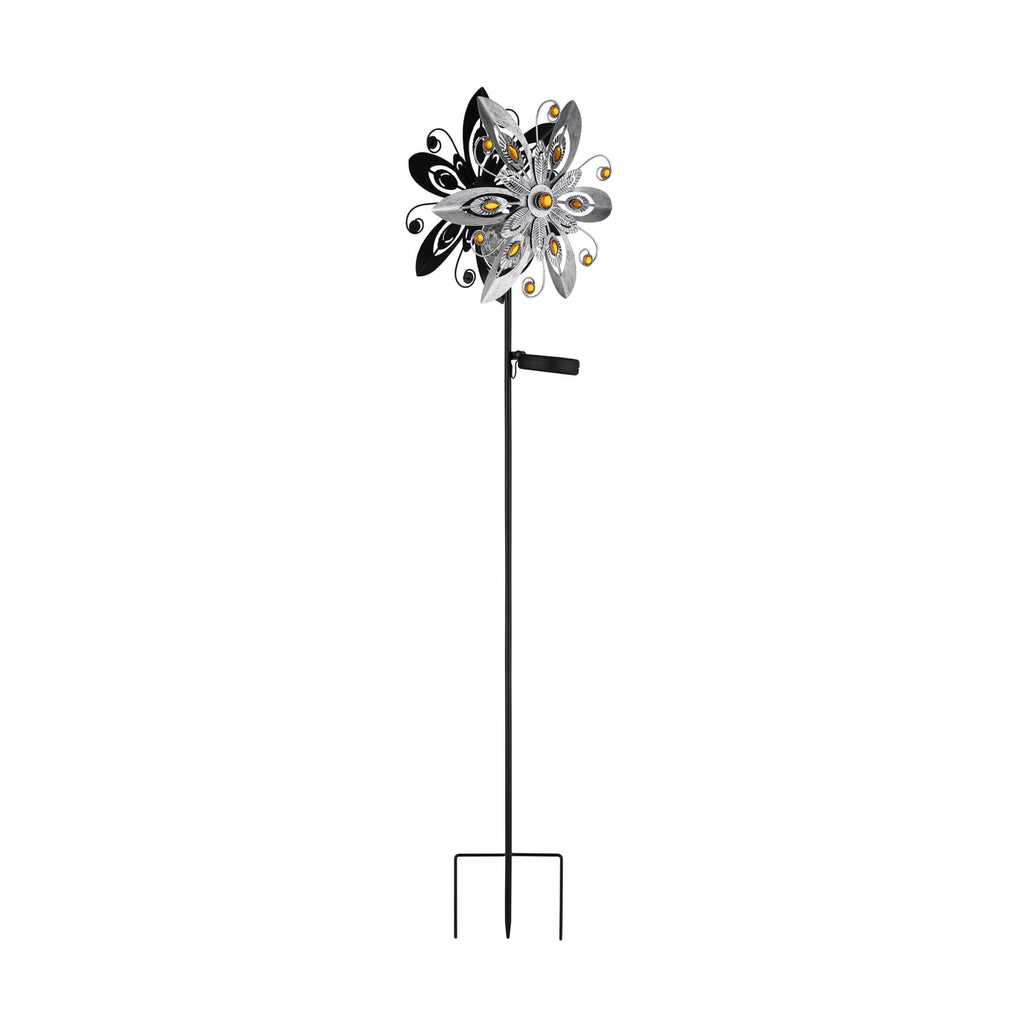 LED solcellelampe blomsterdesign med jordspyd sølv/svart IP44 fra Globo forfra