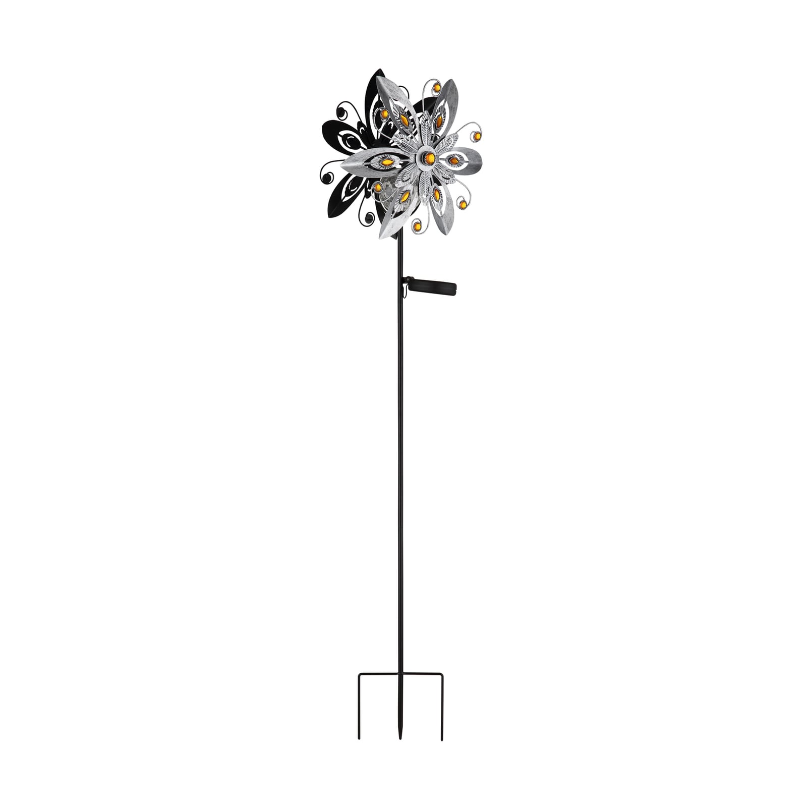 LED solcellelampe blomsterdesign med jordspyd sølv/svart IP44 fra Globo forfra