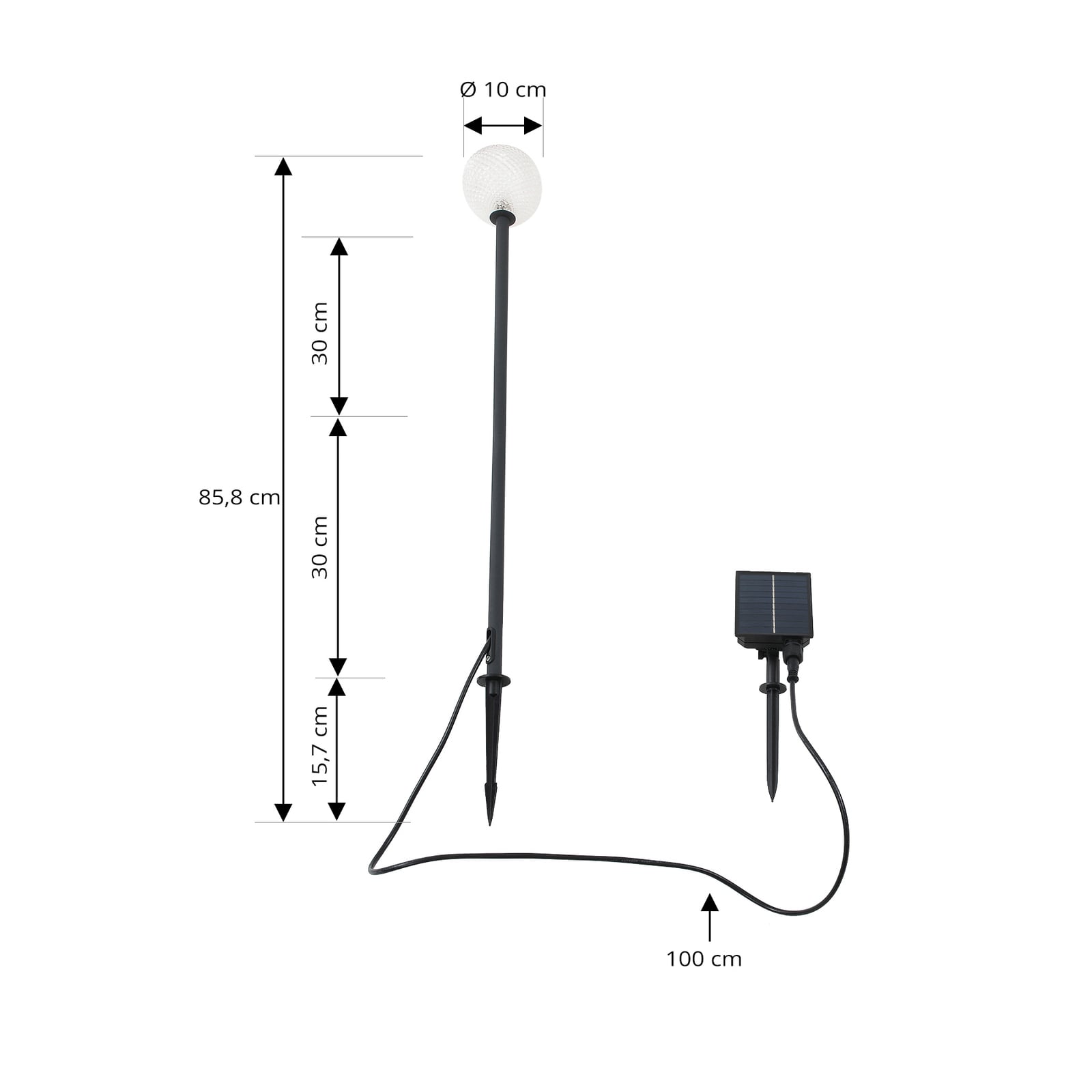LED solcellelampe Brindley svart aluminium og glass nærbilde av lampe