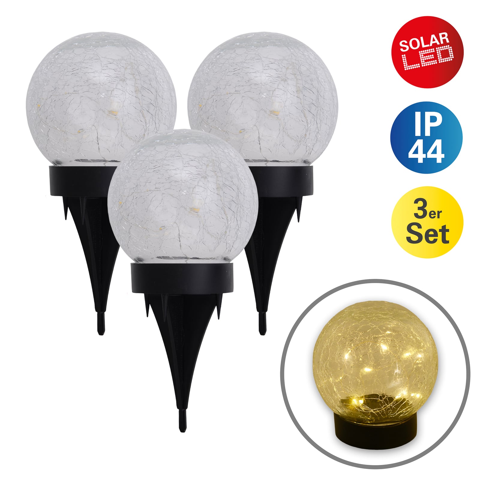 LED solcellelampe dekor glass 3er-sett Ø12 cm IP44 Näve med jordspyd