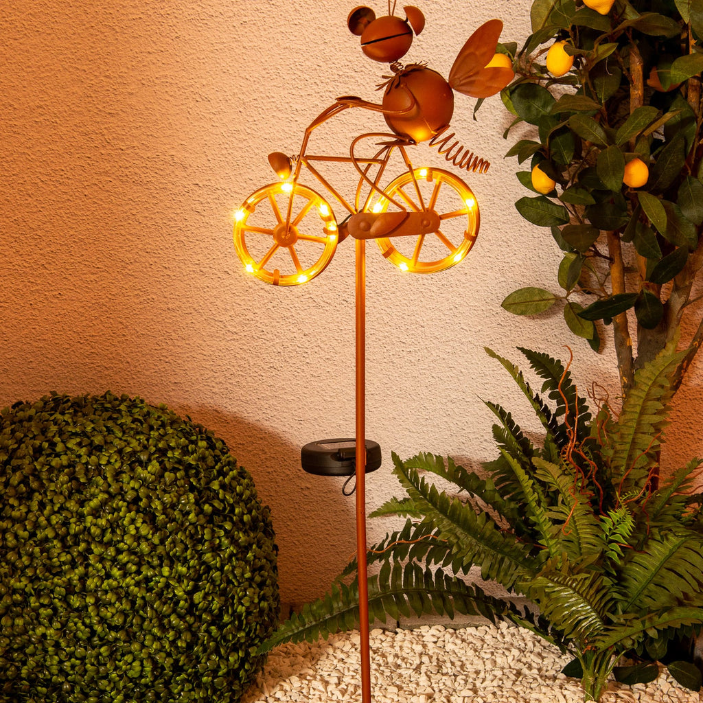 LED solcellelampe dekor med sykkel brun 88 cm forfra