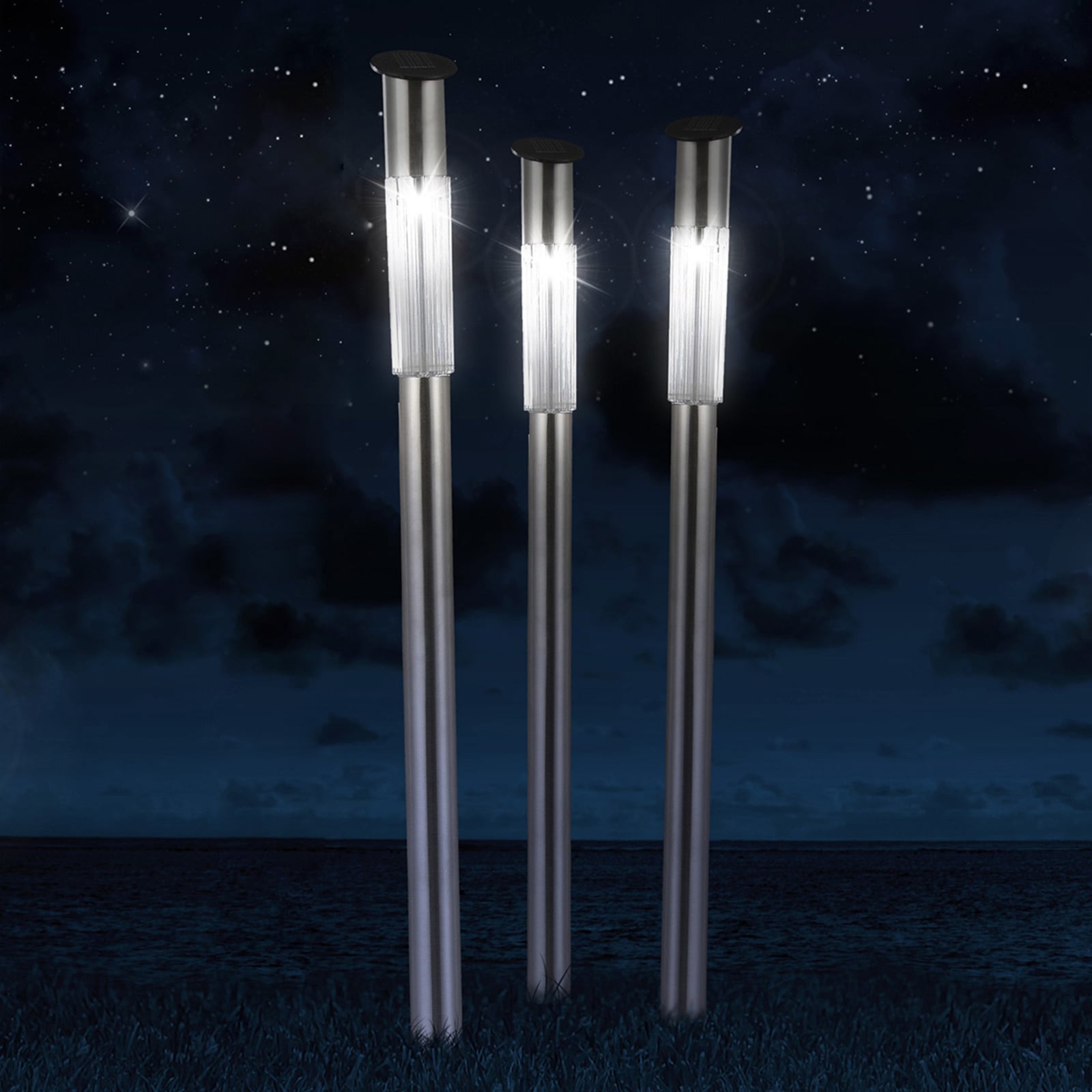 LED solcellelampe Fania rustfritt stål 3-pack 70 cm utendørsbelysning