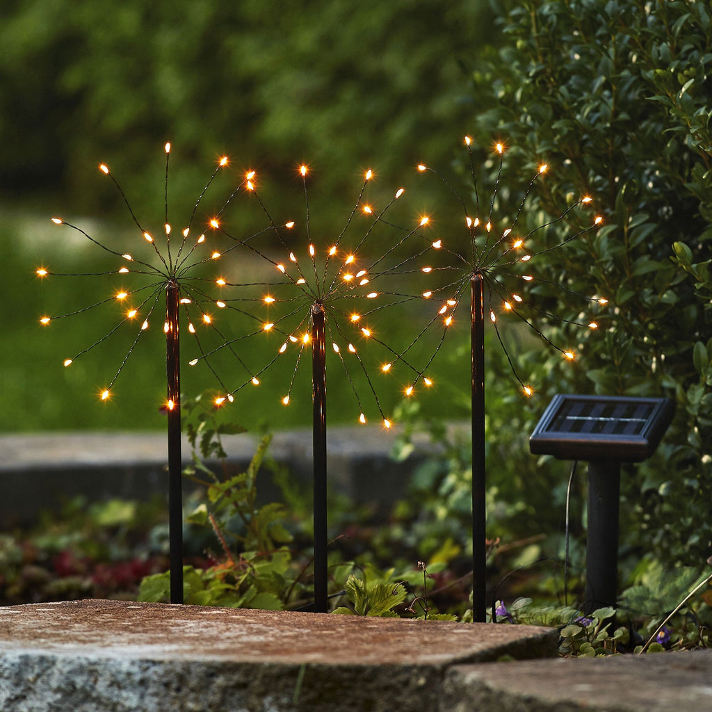 LED solcellelampe Firework 3-pk med jordspyd IP44 forfra
