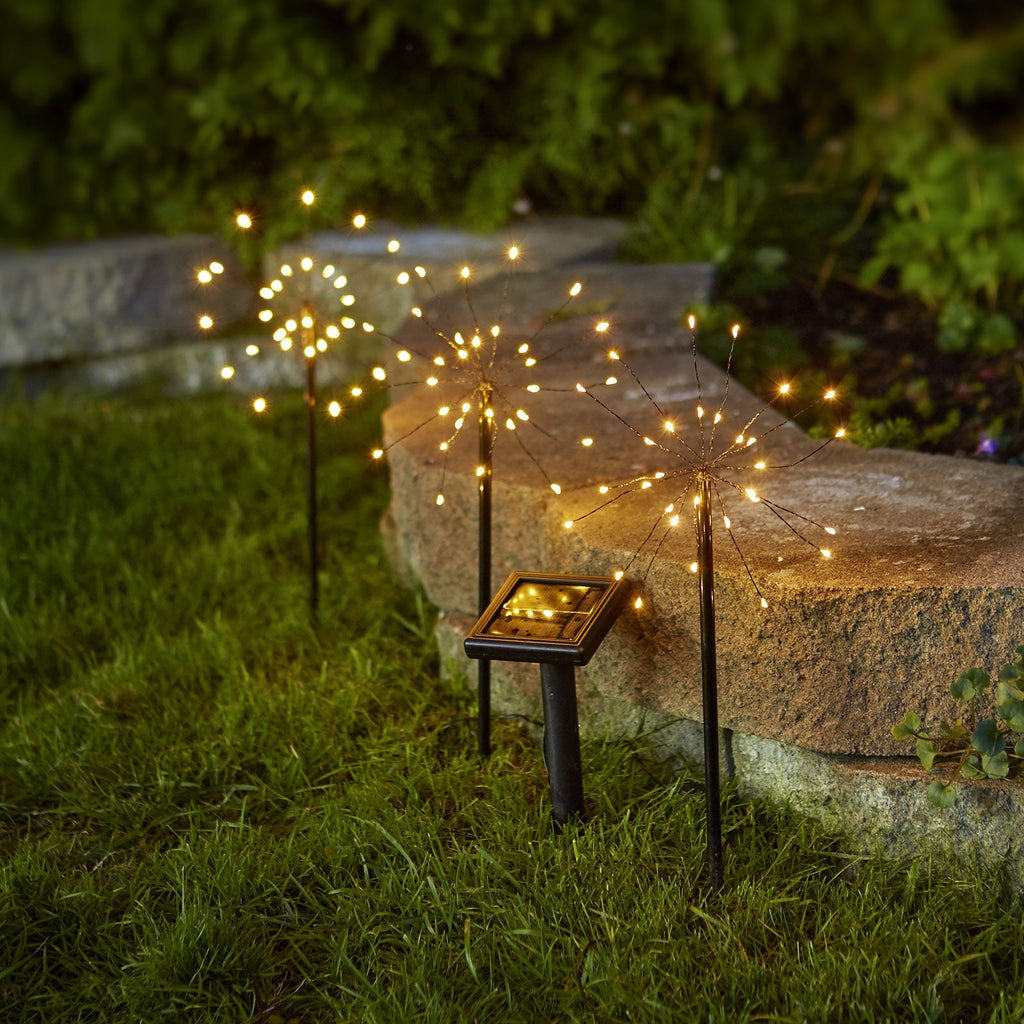 LED solcellelampe Firework 3-pk med jordspyd IP44 bakside