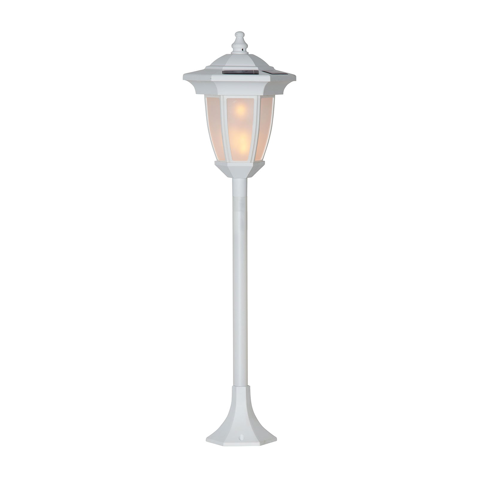 Nærbilde av flammeeffekt på LED solcellelampe Flame 4-i-1 hvit plast IP44