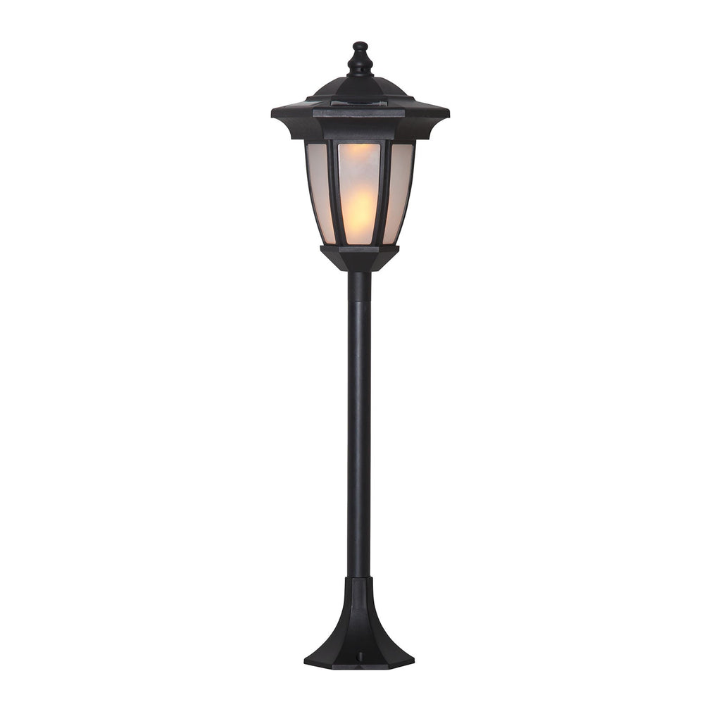 LED solcellelampe Flame 4-i-1 svart plast IP44 nærbilde av jordspyd