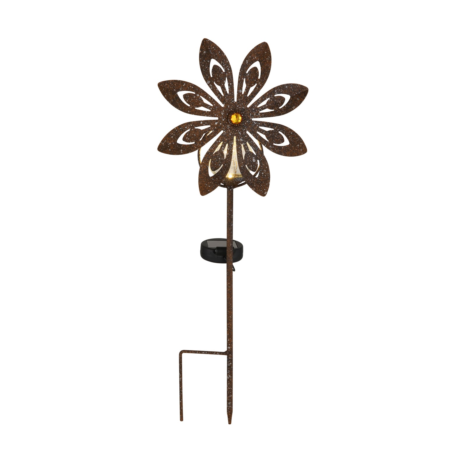 LED solcellelampe med spyd rustbrun glass og metall IP44 Globo bakside