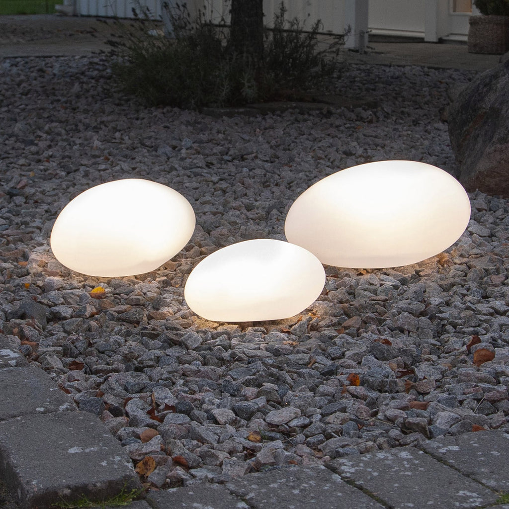 LED solcellelampe Globy steinform hvit 26,5 cm IP44 forfra