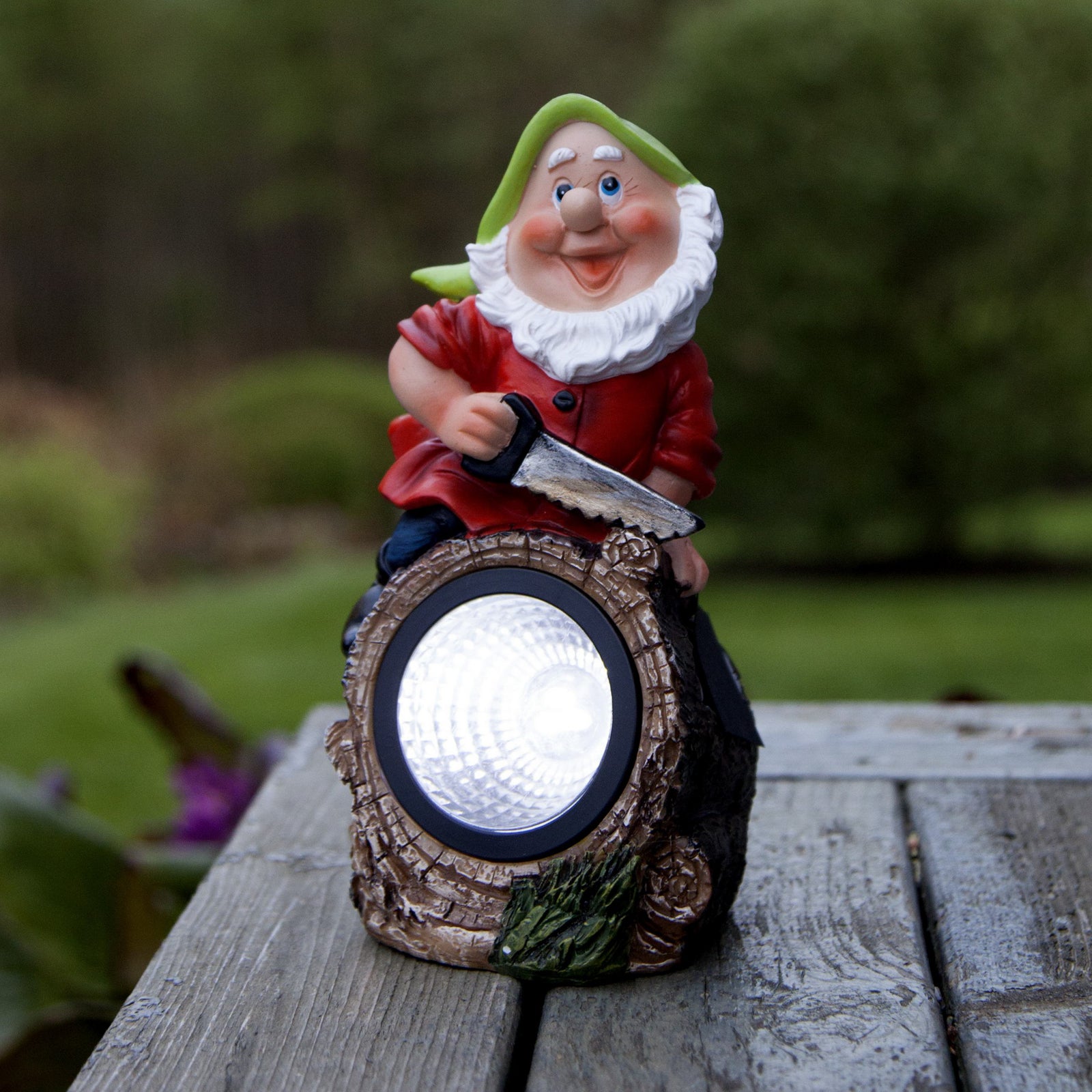 LED solcellelampe Gnomy hagenisse tømmerhugger 21 cm forfra