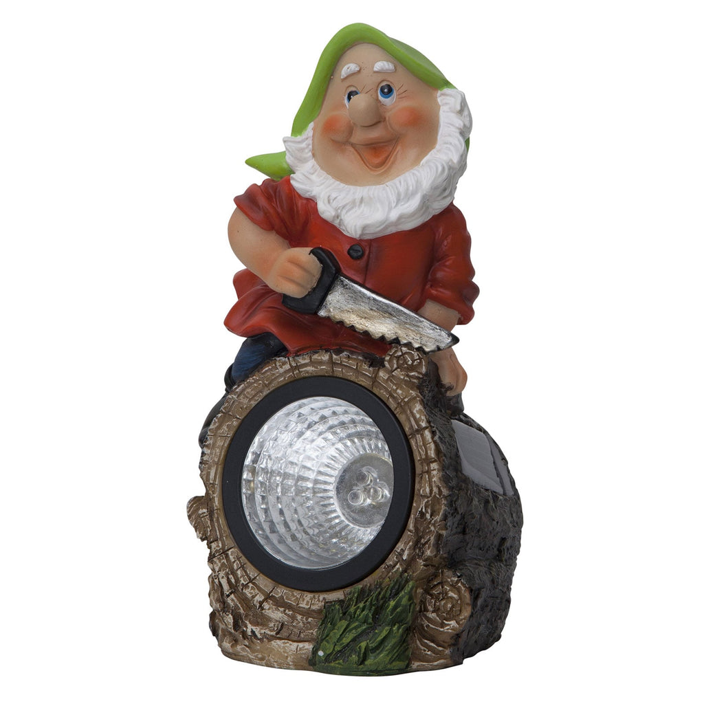 LED solcellelampe Gnomy hagenisse tømmerhugger 21 cm nærbilde av LED-lys