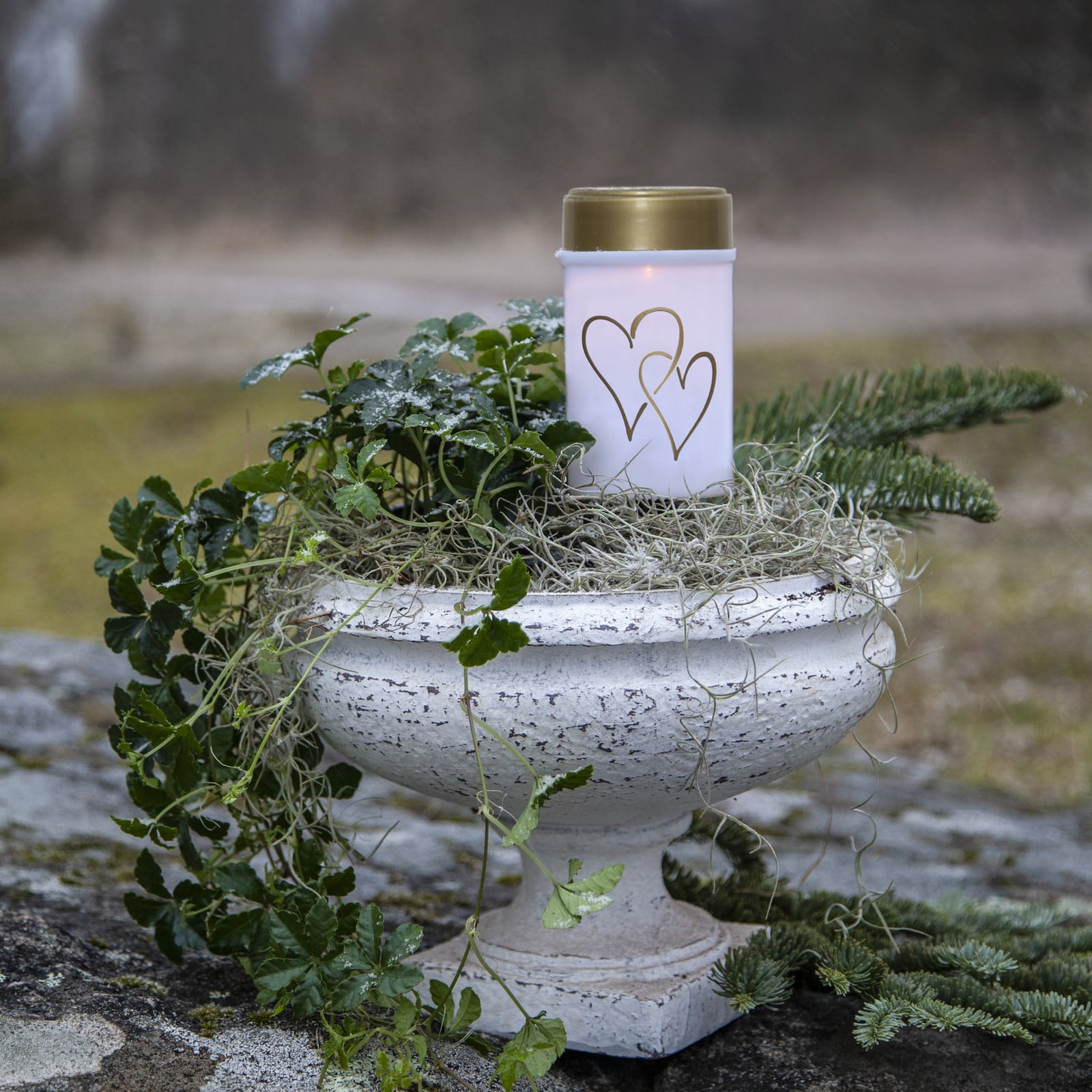 LED solcellelampe Hearty med spyd hvit/gull 12 cm bakside