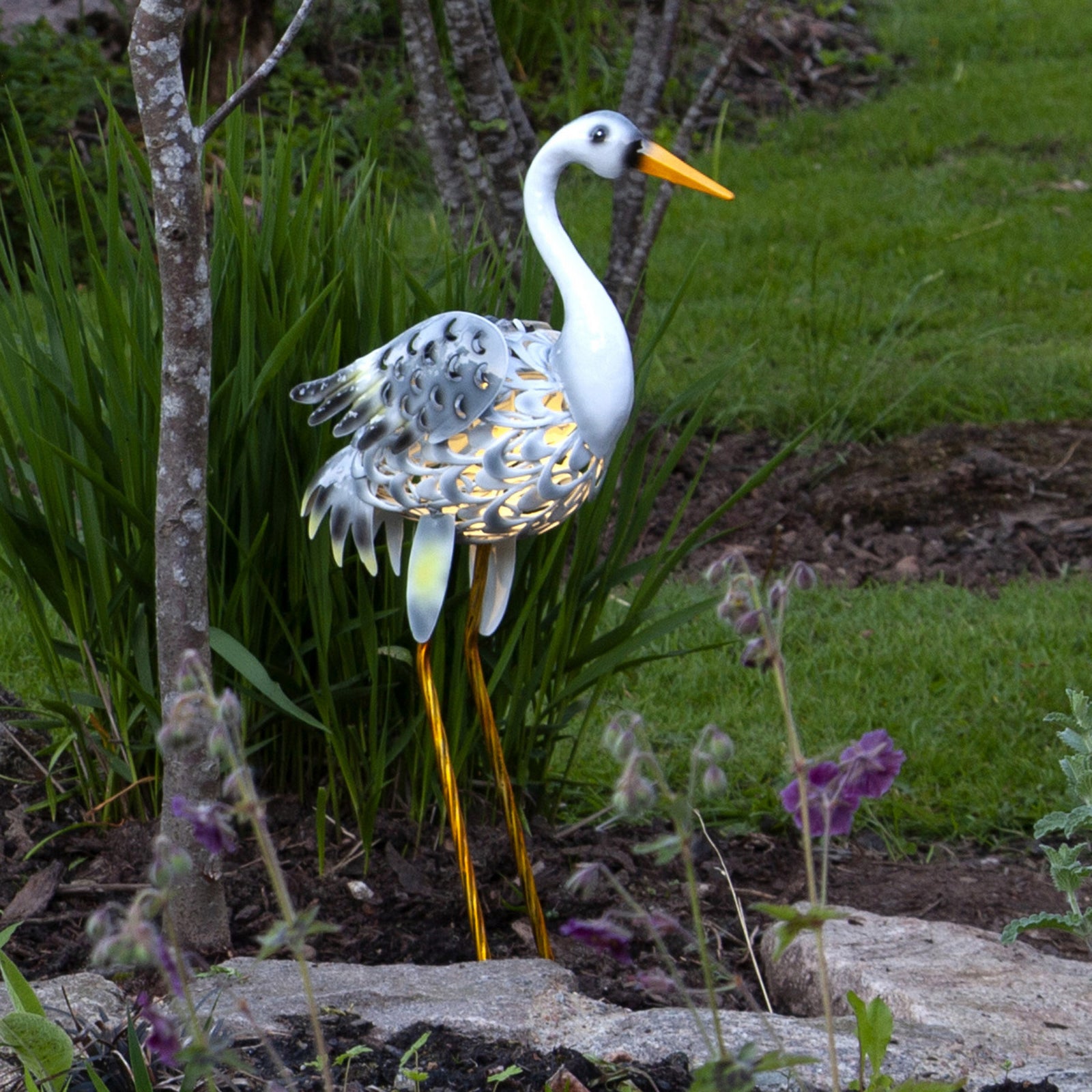 LED solcellelampe Heron heire-figur hvit/grå IP44 forfra