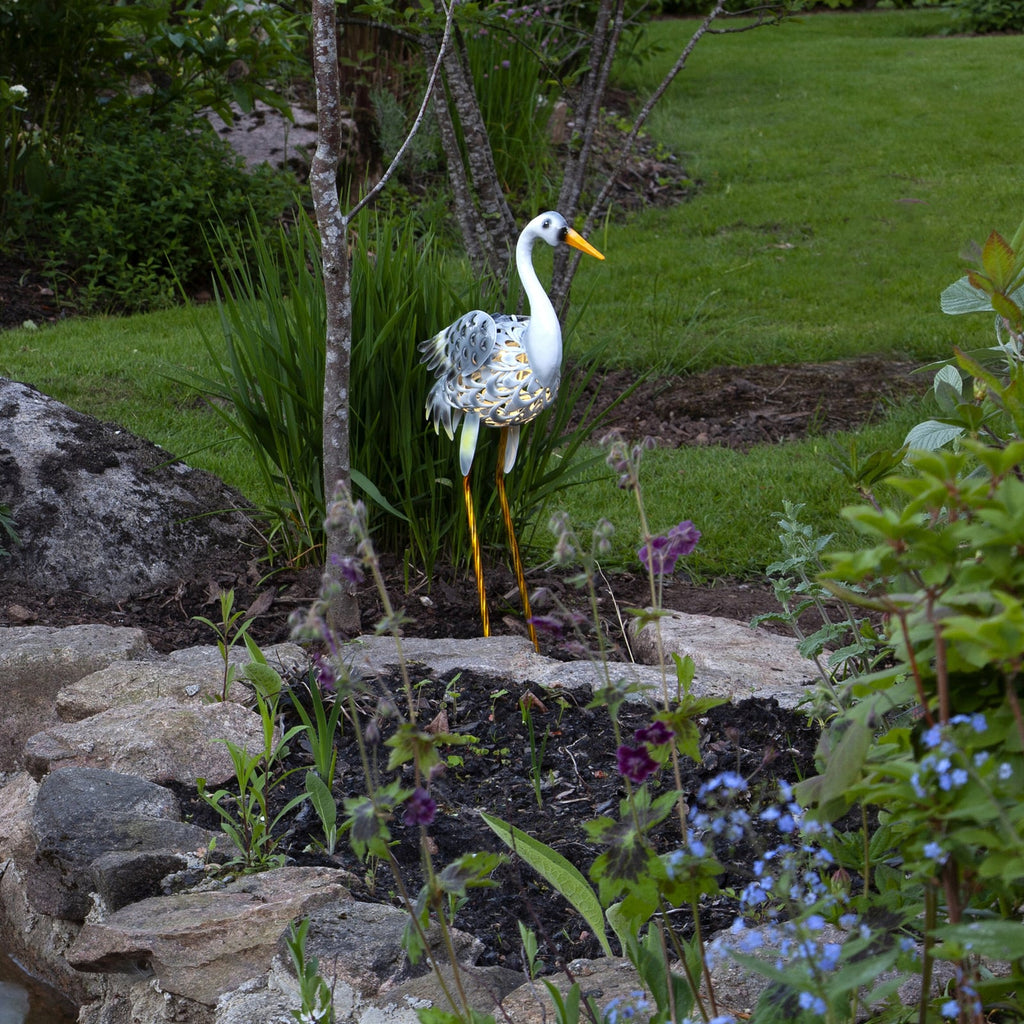 LED solcellelampe Heron heire-figur hvit/grå IP44 bakside