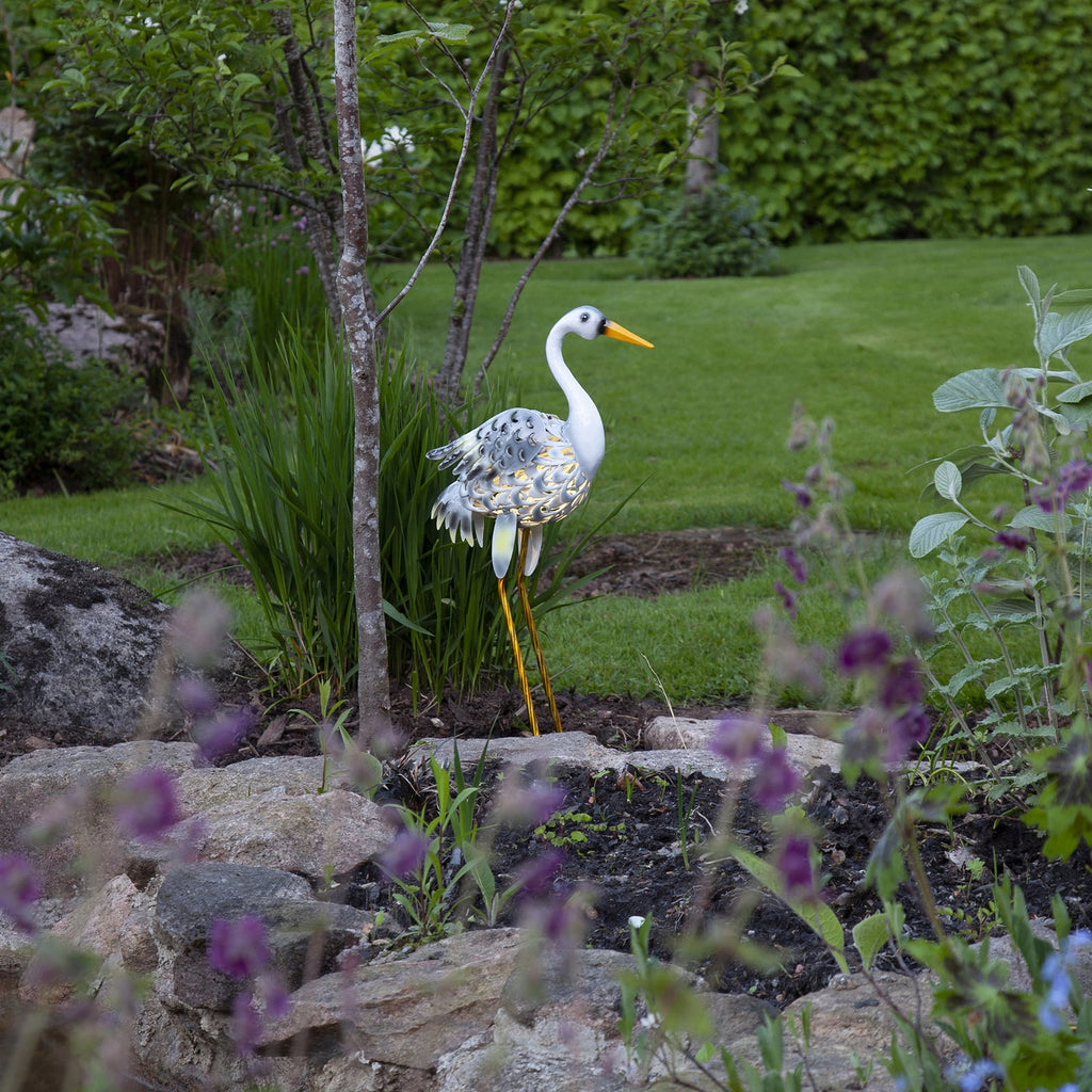 Montert LED solcellelampe Heron heire-figur hvit/grå IP44 i hage