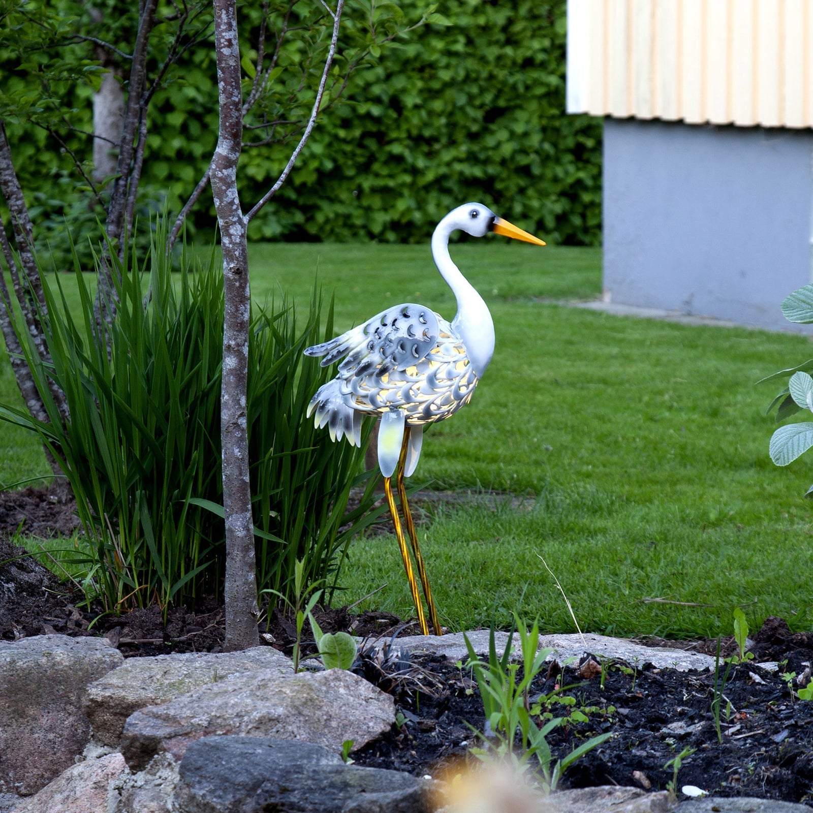 LED solcellelampe Heron heire-figur hvit/grå IP44 med solcellepanel