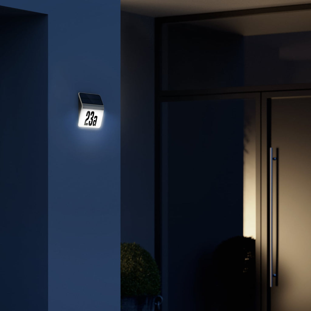 LED solcellelampe husnummerbelysning rustfritt stål IP44 Steinel bakside