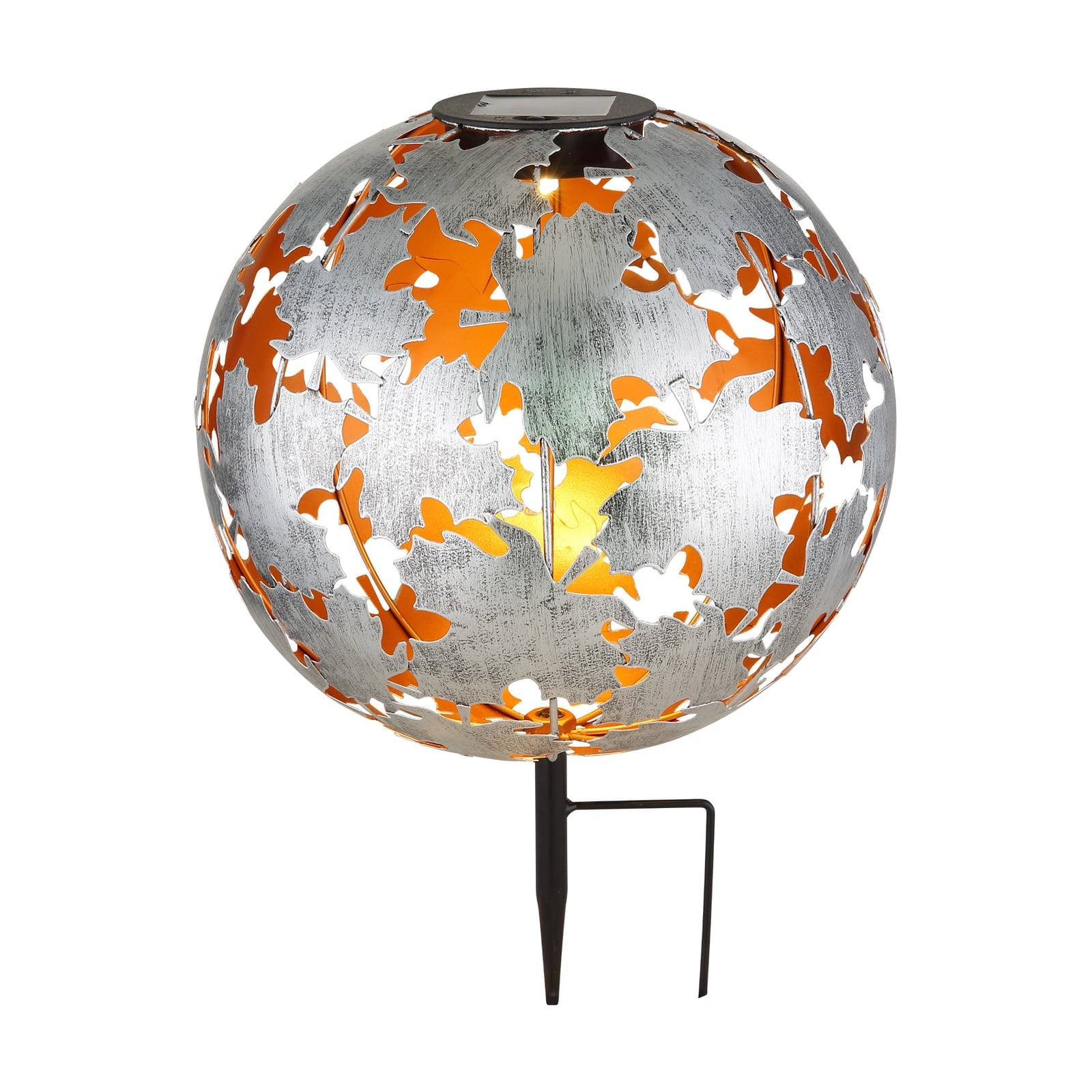 LED solcellelampe kule sølv Ø27 cm med spyd Globo forfra