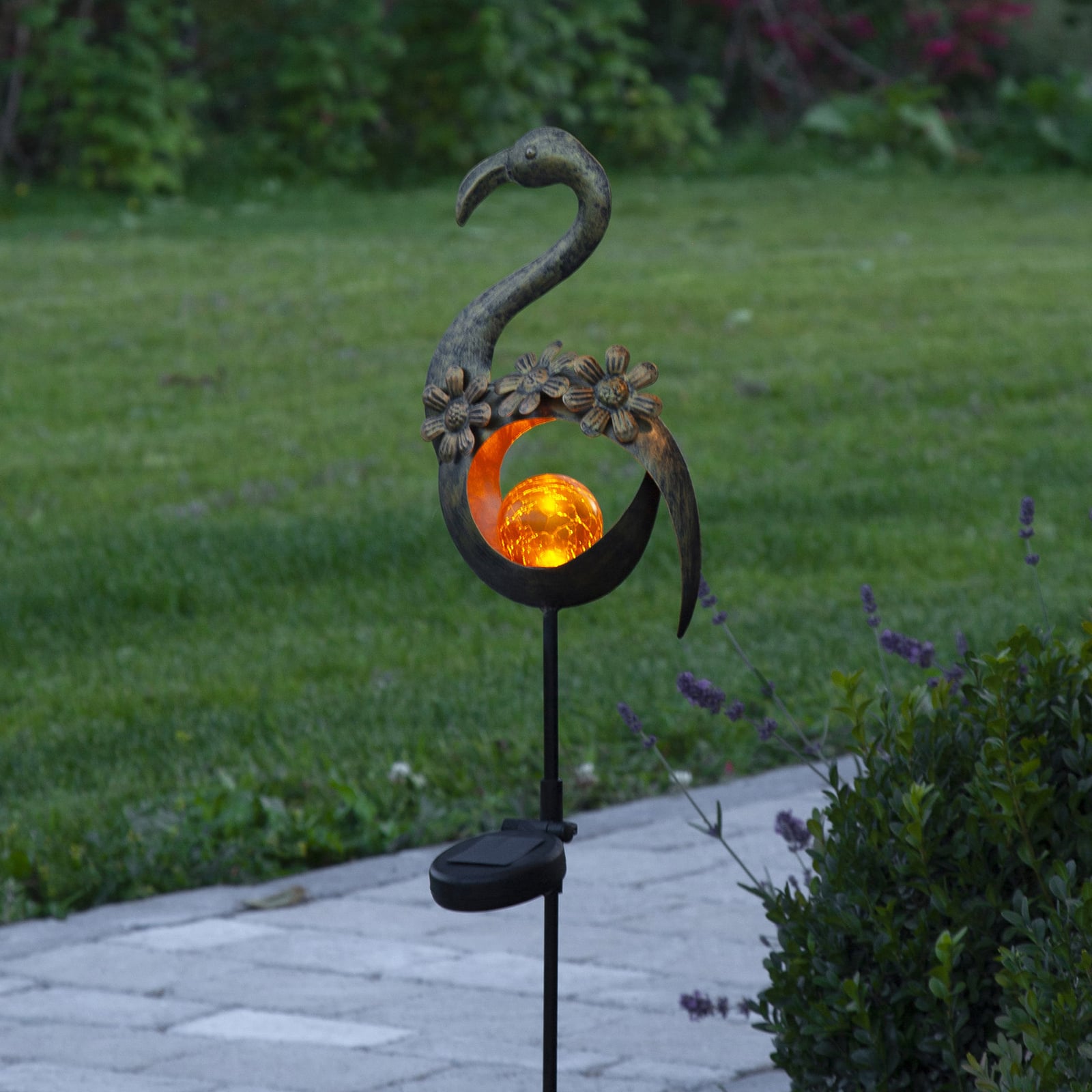 LED solcellelampe Melilla Bird flamingoform IP44 bakside