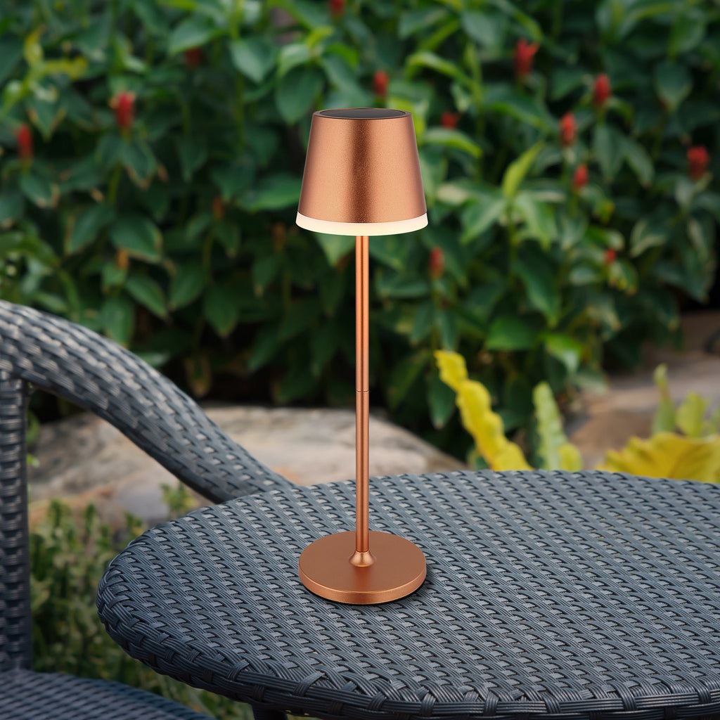 LED solcellelampe metall kobberfarget forfra