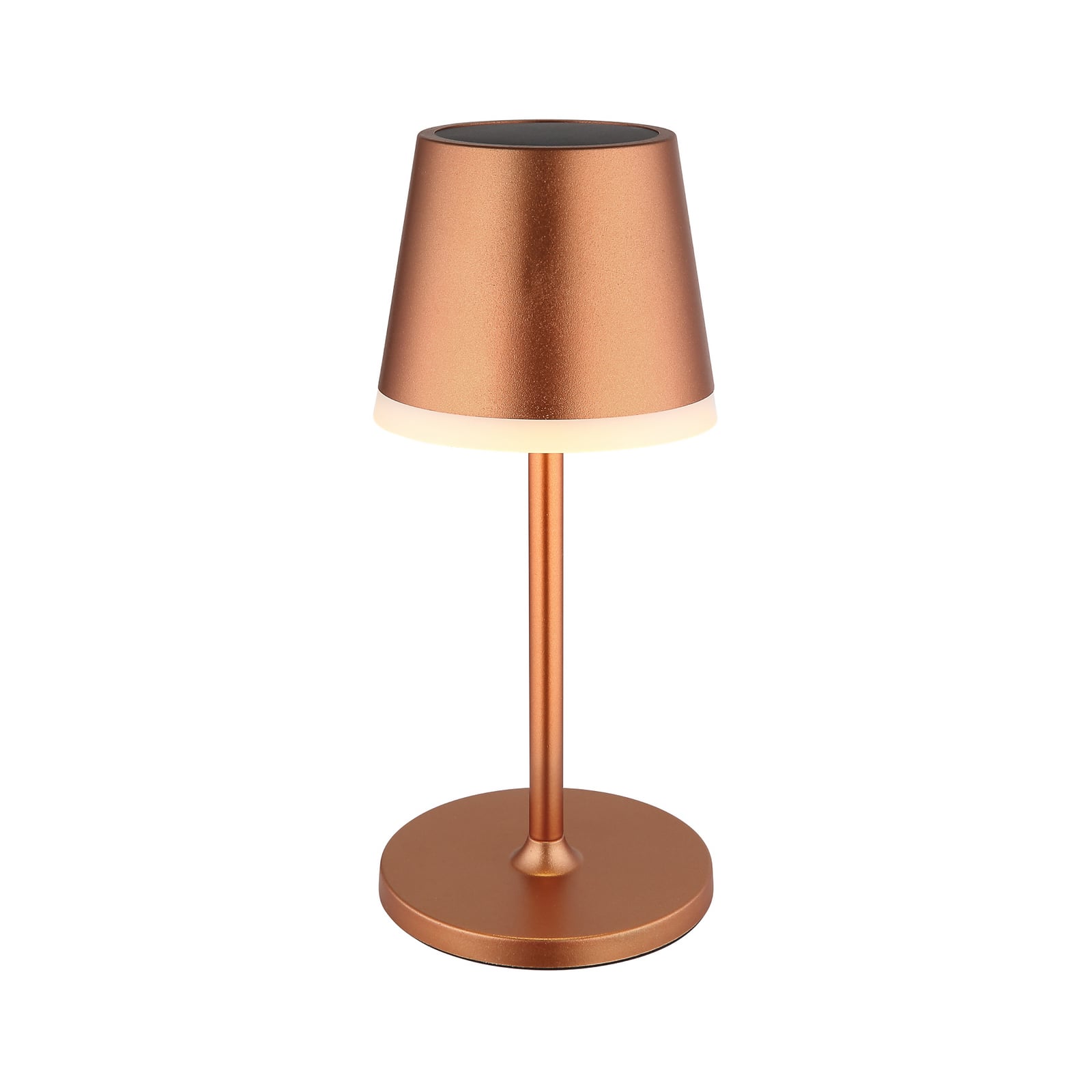 LED solcellelampe metall kobberfarget i bruk på terrasse
