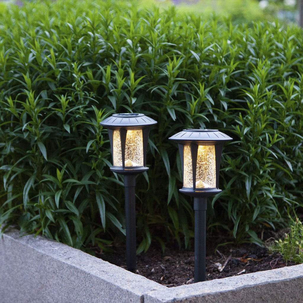 LED solcellelampe Monaco med spyd 2-pack glass IP44 forfra