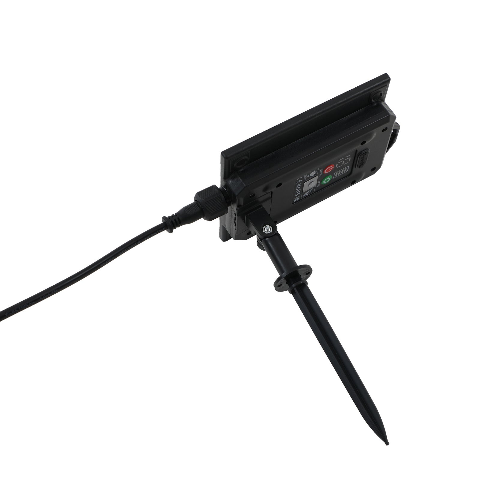 LED solcellelampe Sabriel kurvet svart aluminium IP65 i bruk om kvelden