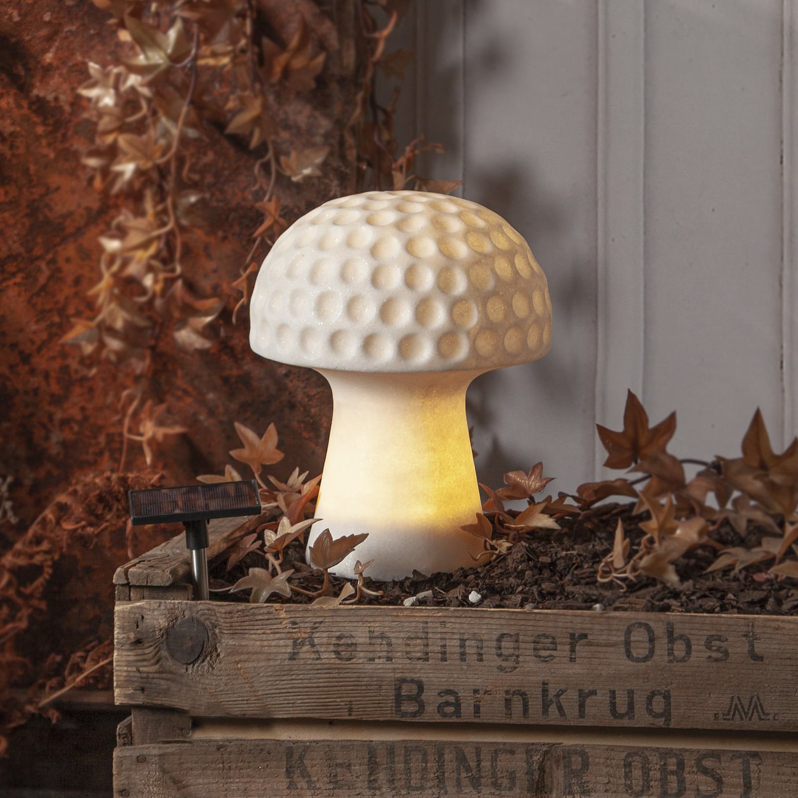 LED solcellelampe Sandy soppform hvit Ø19 cm IP44 bakside