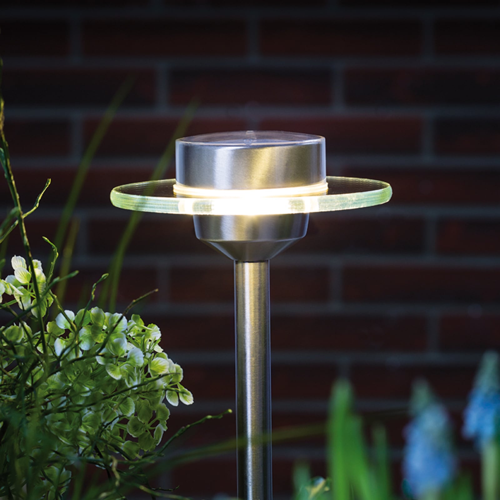 LED solcellelampe Ufo med jordspyd rustfritt stål IP44 forside