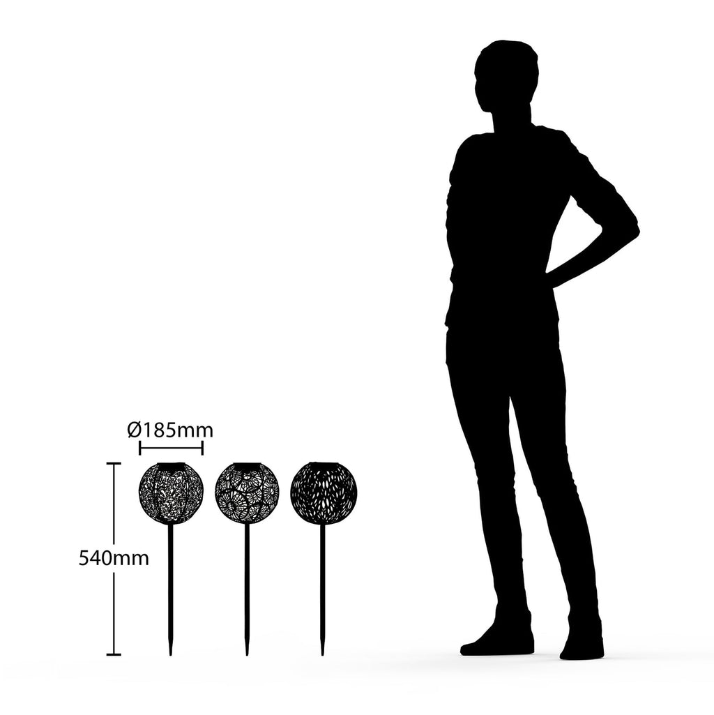 LED solcellelampe Vilani 3er-sett kuleform 54 cm IP44 lys i mørket