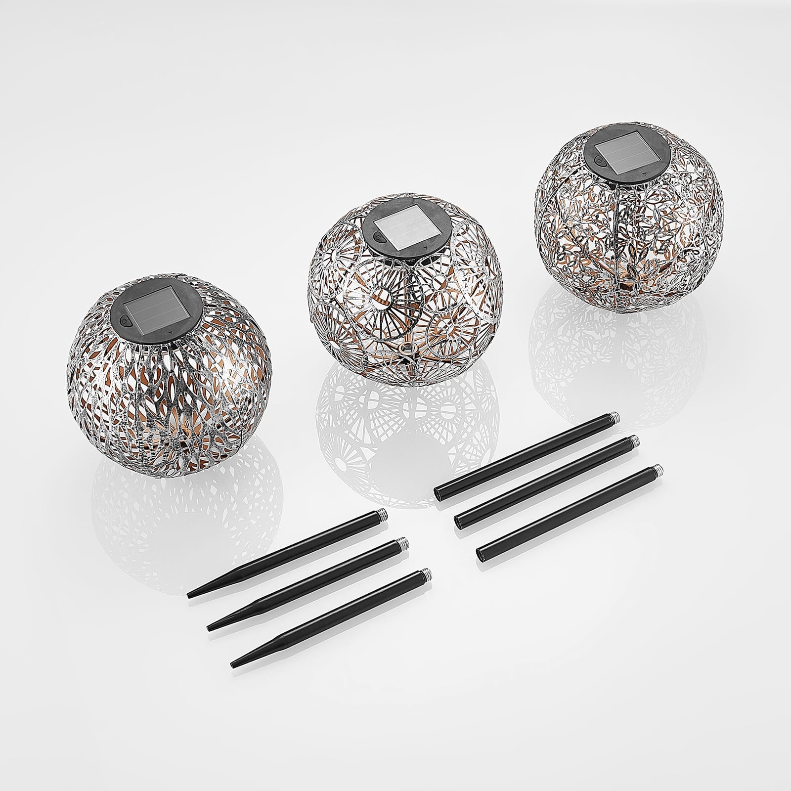 LED solcellelampe Vilani 3er-sett kuleform 54 cm IP44 sideprofil