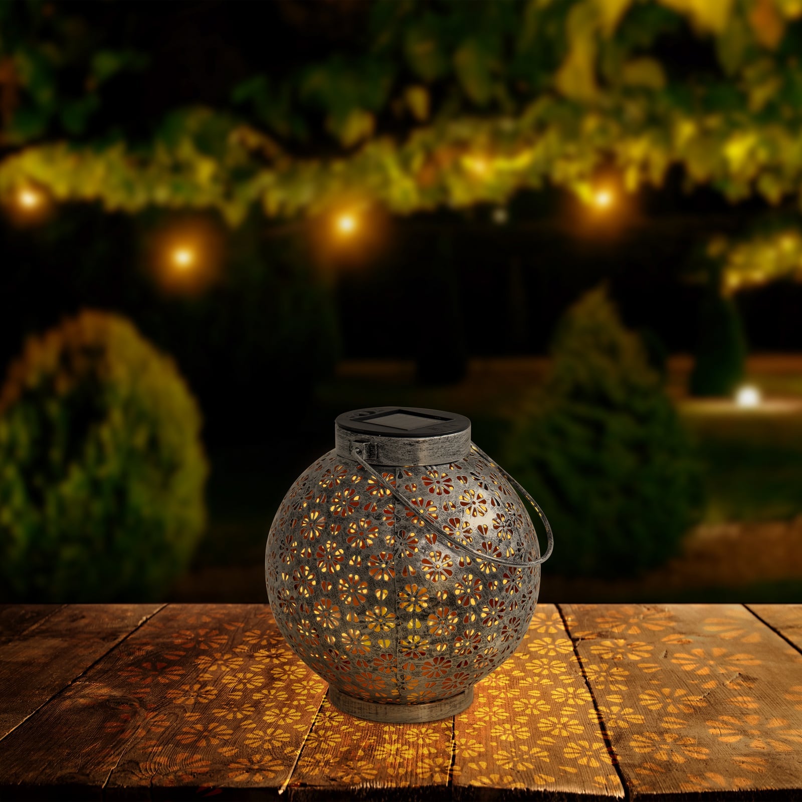 LED solcellelanterne sølv metall Ø18 cm IP44 2-pakning Näve bakside