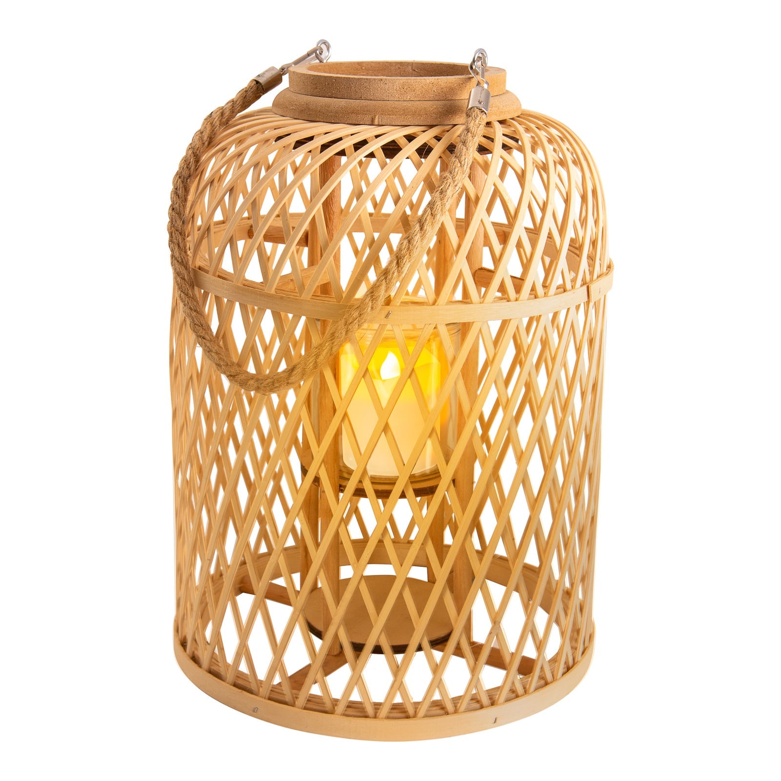 LED solcellelykt kurv bambus H38 cm natur IP44 detalj nærbilde