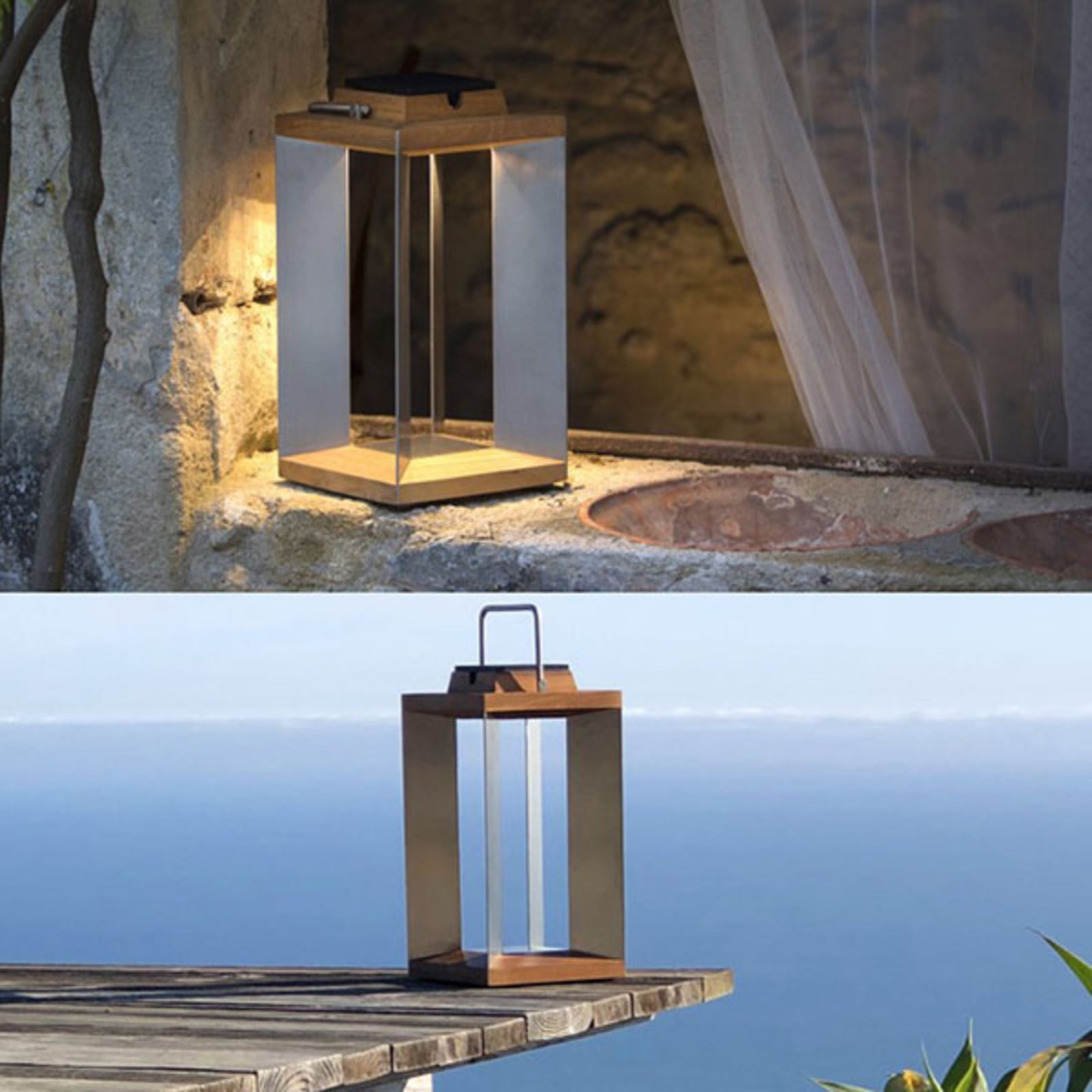 LED solcellelykt Teckinox teak/stål bakside