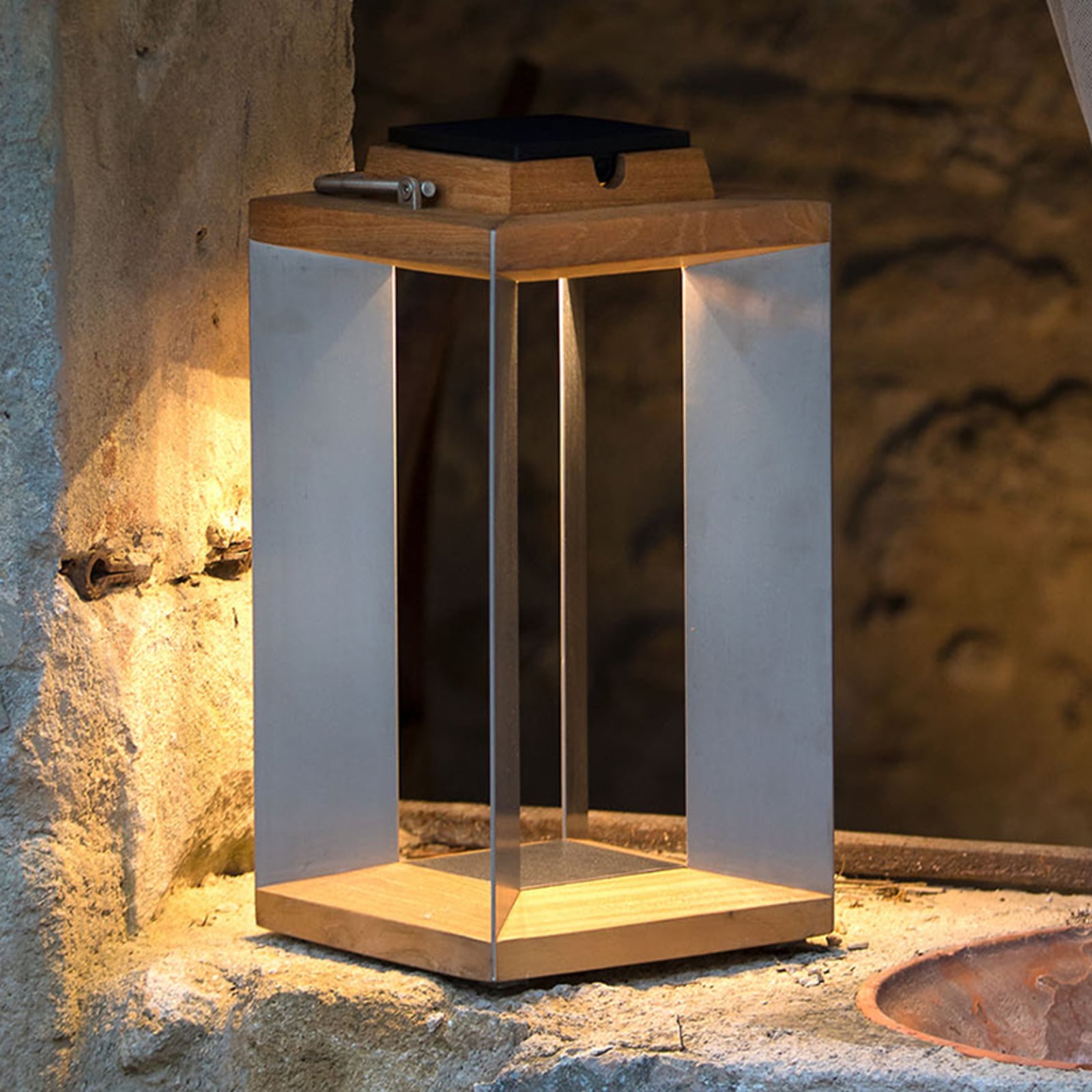 LED solcellelykt Teckinox teak/stål dimbar forside