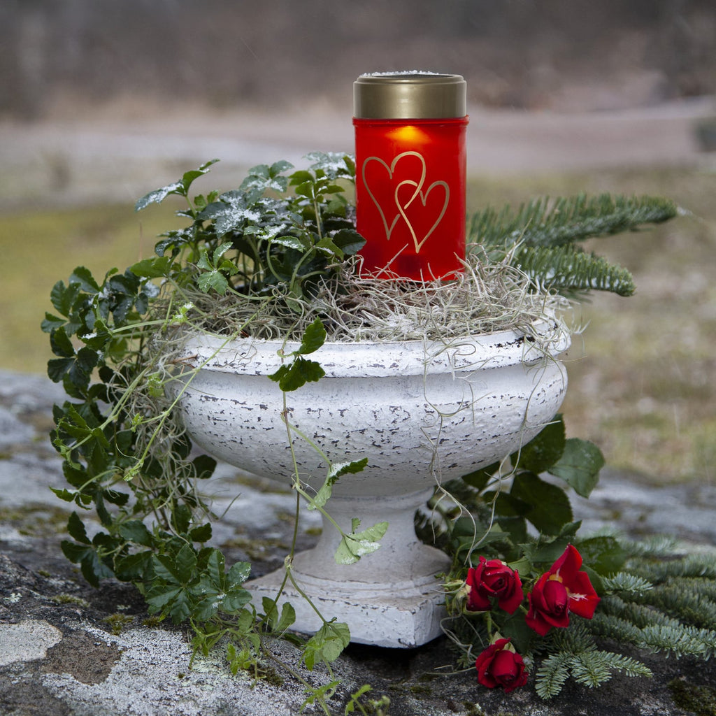 LED solcellelys Hearty gravlys rød/gull 12 cm IP44 bakside