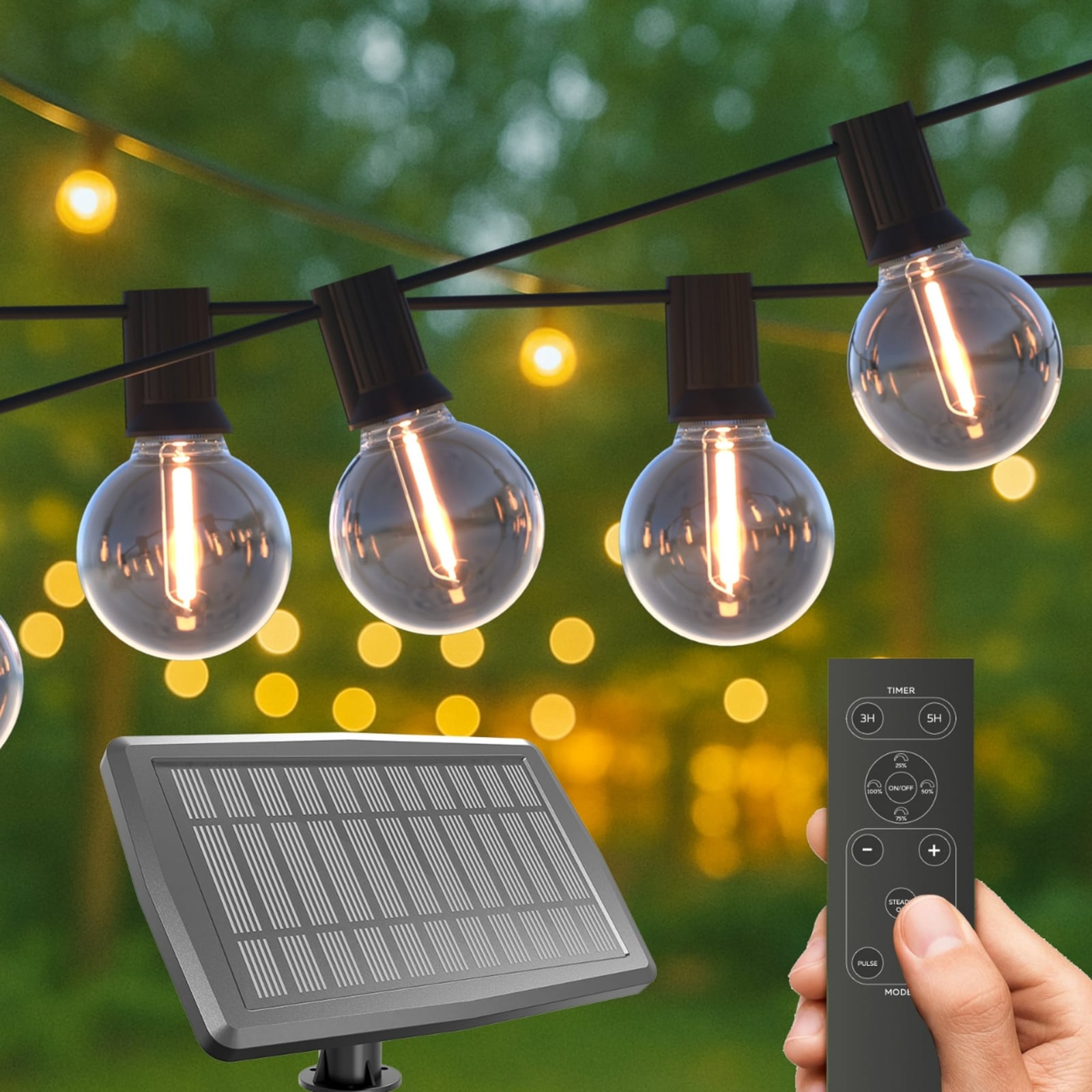 Montert LED solcellelyslenke Vista 20 m dimbar med fjernkontroll IP44 i hage