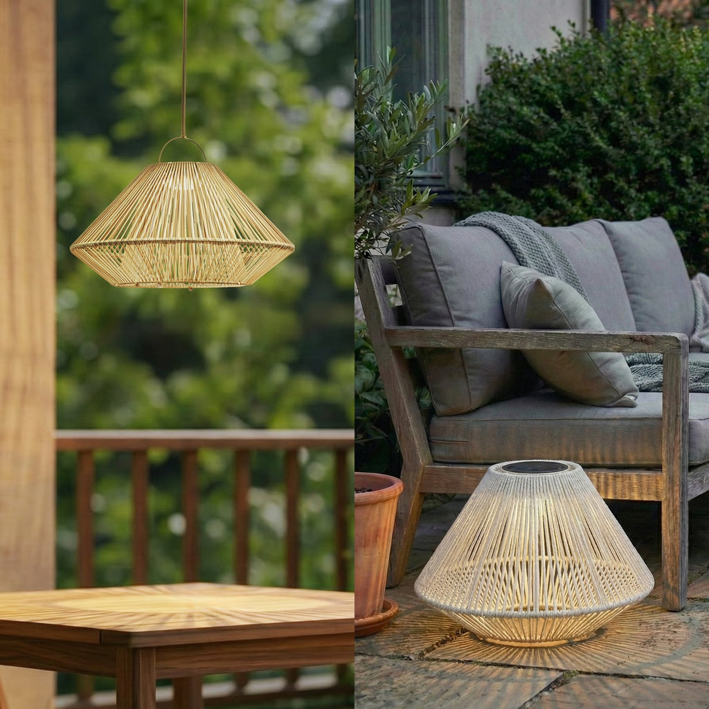 LED solcellependellampe Austas beige dimbar bakside
