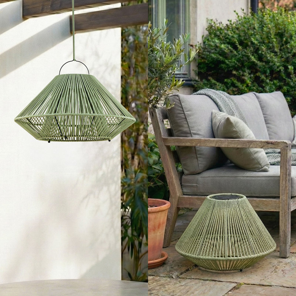 Montert LED solcellependellampe Austas grønn dimbar Ø50 cm IP54 på terrasse