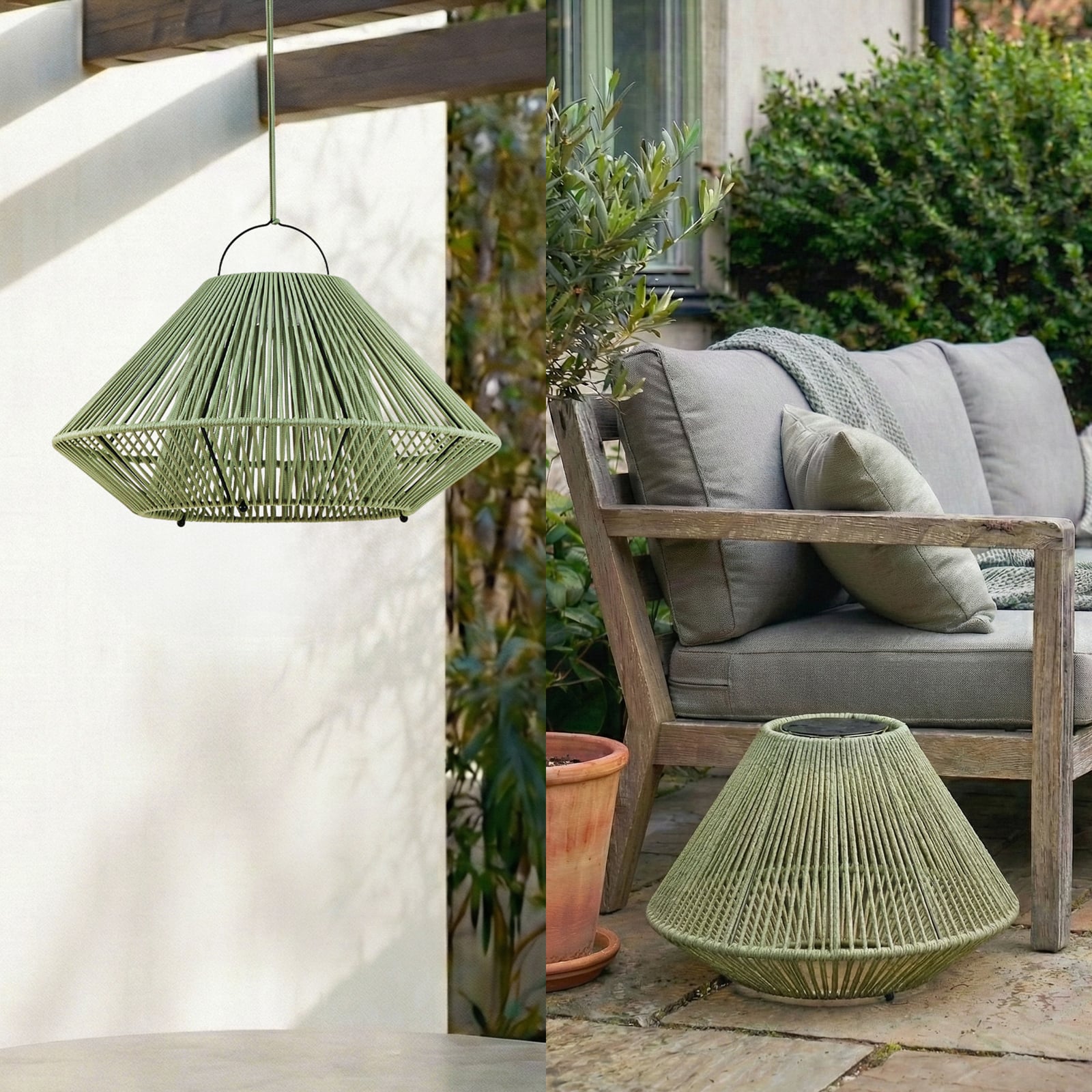 Montert LED solcellependellampe Austas grønn dimbar Ø50 cm IP54 på terrasse