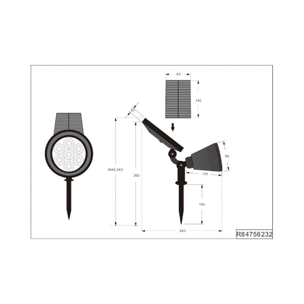 LED solcellespot Festival svart matt RGB med sensor IP44 bakside
