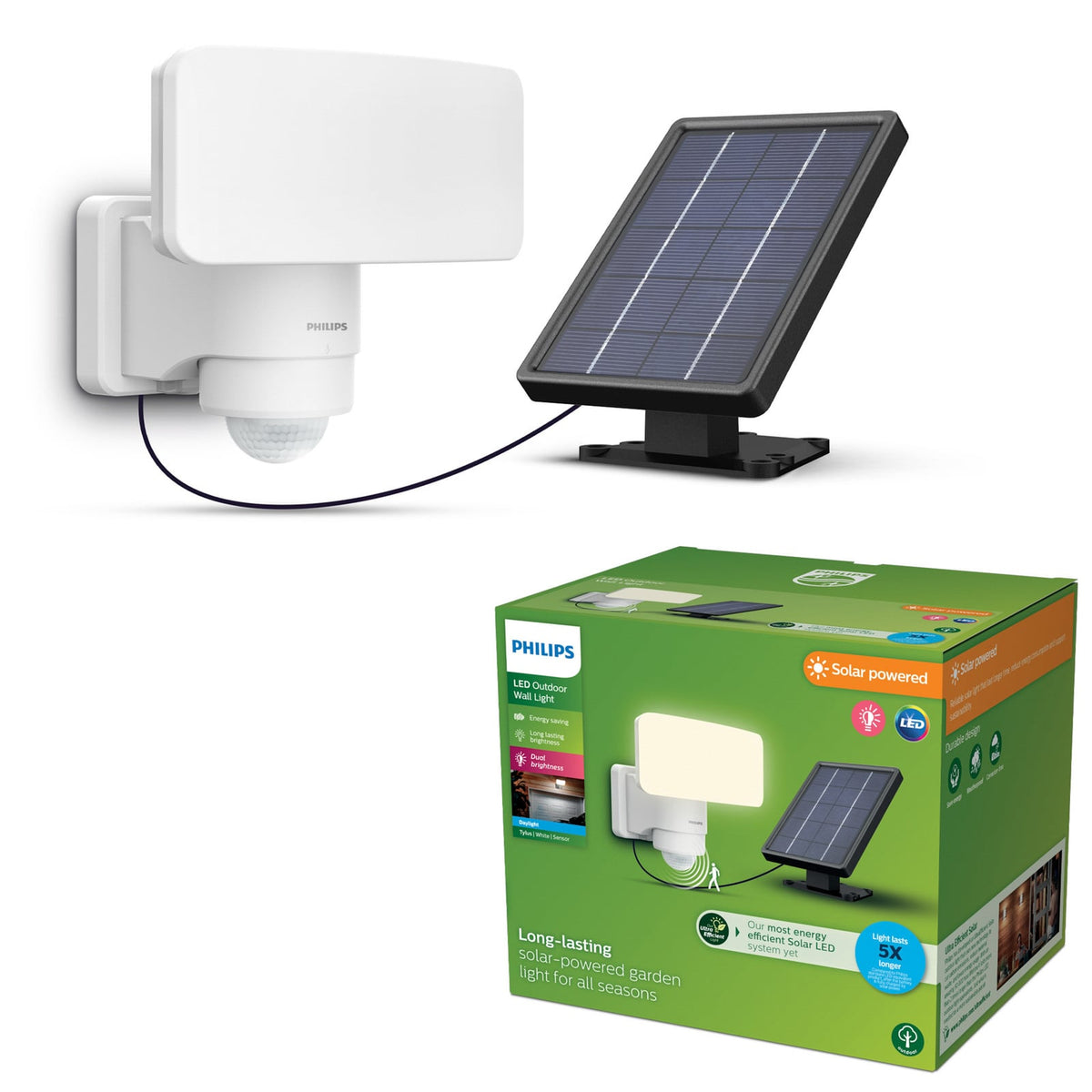 Nærbilde av solarpanel til LED solcellespot Tylus med bevegelsessensor hvit