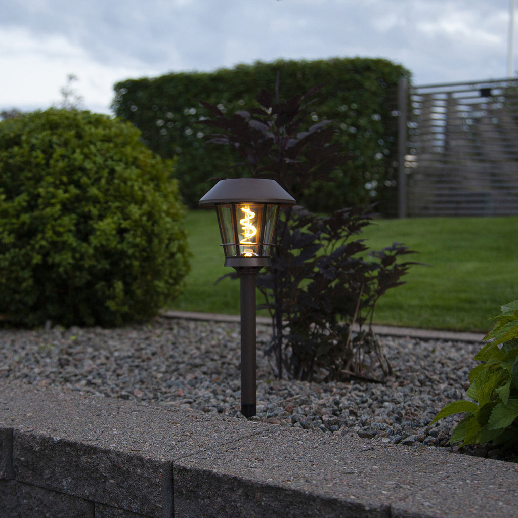 LED solcellestolpelampe Fergus lanterneform brun IP44 bakside
