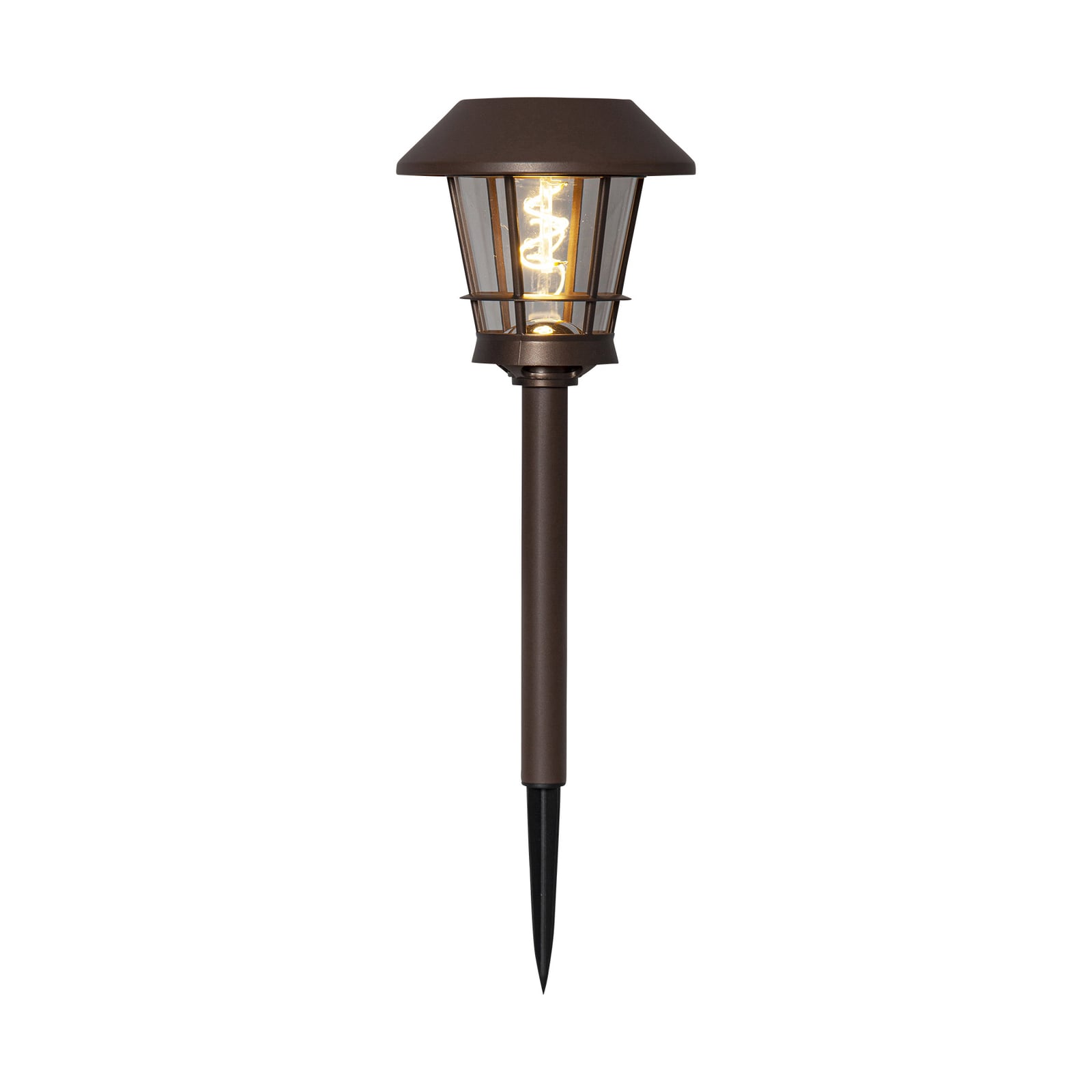 Detalj av LED solcellestolpelampe Fergus lanterneform brun IP44