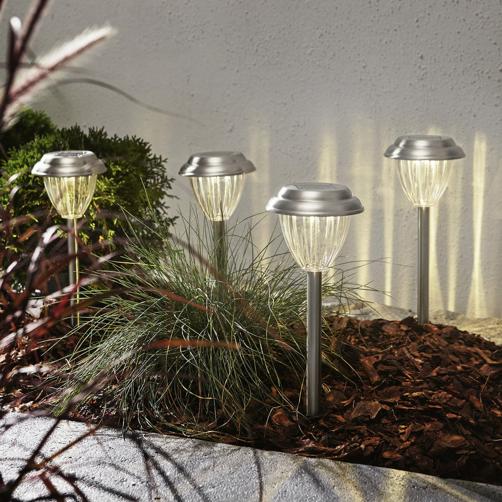 LED solcellestolpelampe Palma 4-sett sølv forfra